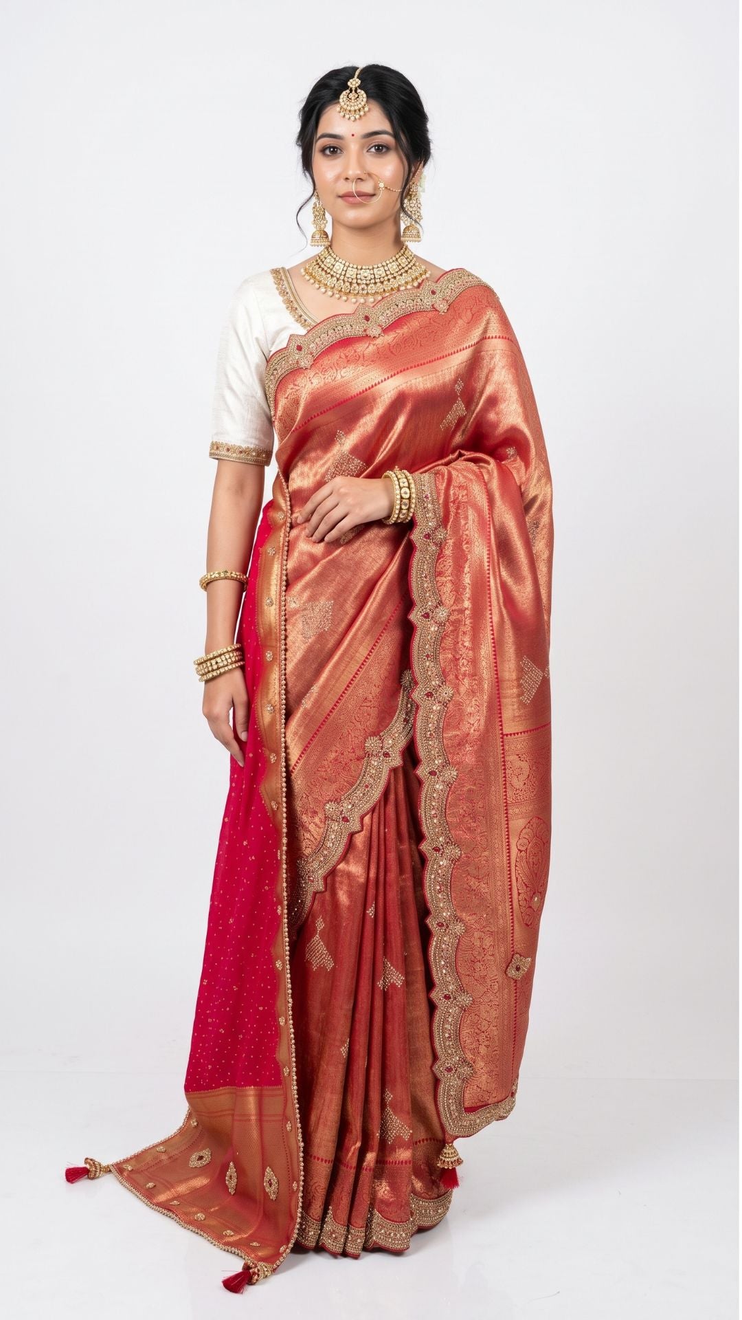 Rani Banarasi Silk Unstitched Saree with Dupatta Embellished with Thread & Stone Work